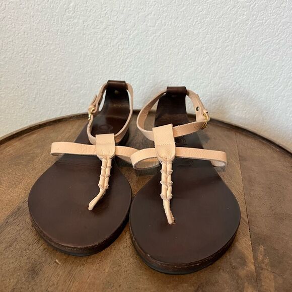 Cousin Tan Veg Tan Leather Jinjer Twist-Strap Thong Sandals Women's Size 38 US 8 - Picture 3 of 7